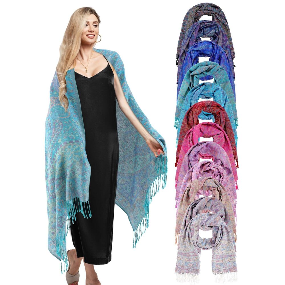 2275 12 Pcs Pashmina Paisley Shawls And Wraps Bulk Soft Silky Reversible